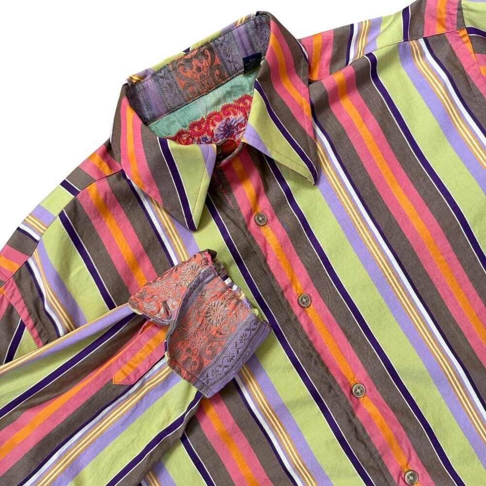 Robert Graham Contrast Stripe Cotton Silk Shirt Mens Size L Flip Cuff Party Pink